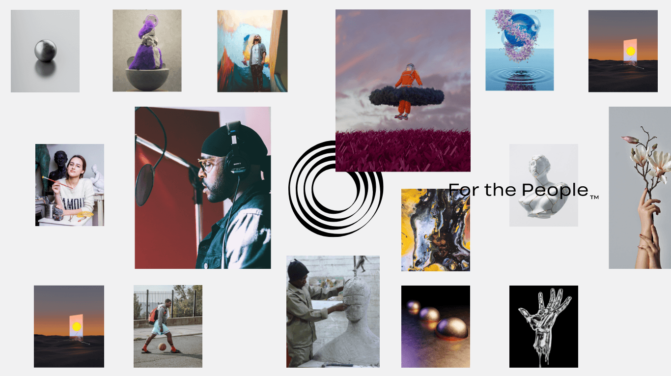 Collage of various NFT's and artists with Overeality logo and text reads For the People