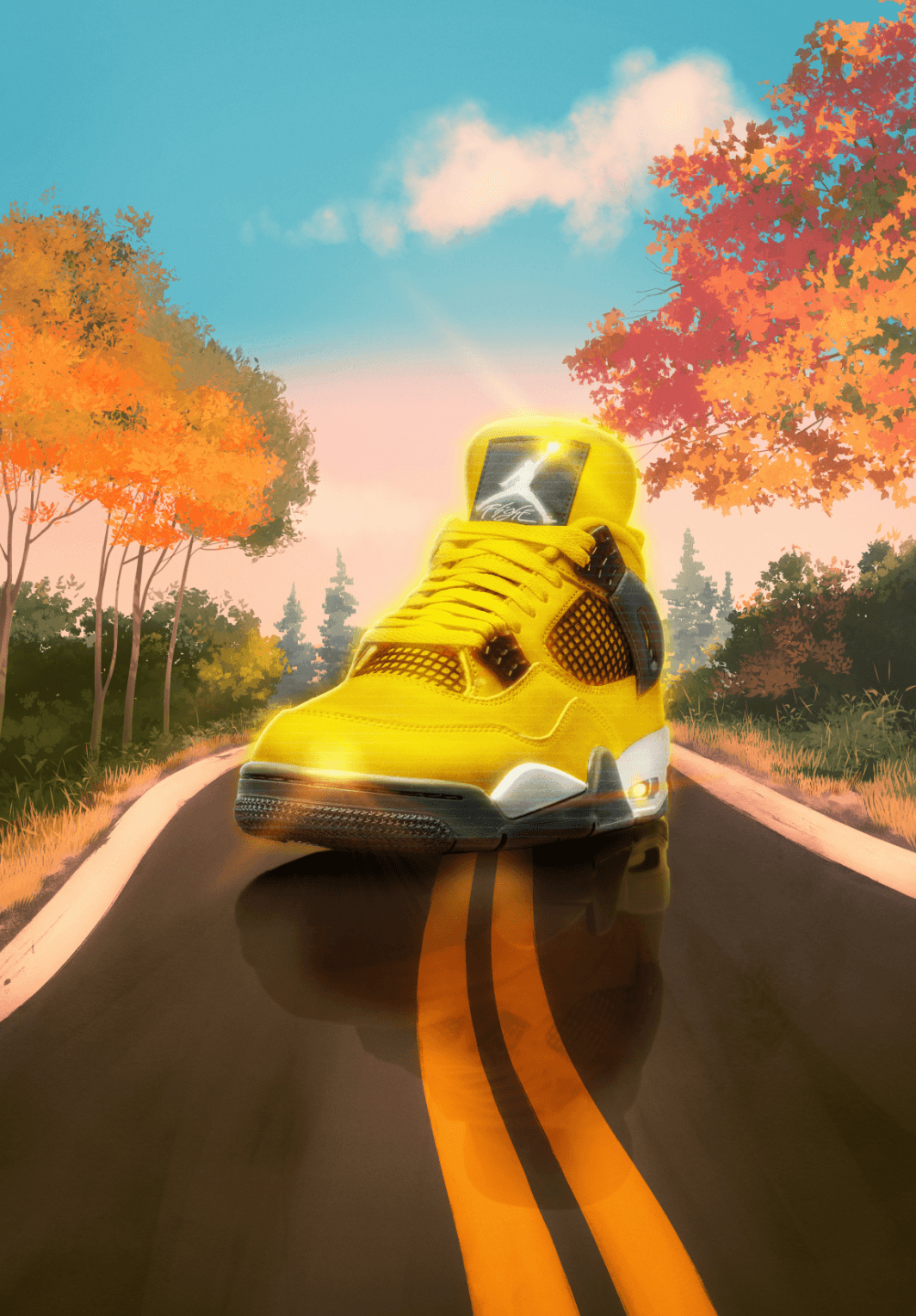 Yellow Jordan 4s rendered on a street with double yellow center line