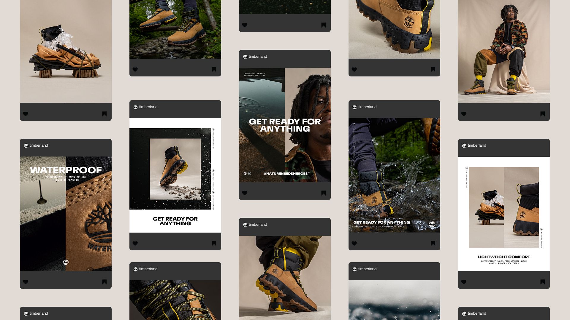 Collage of all @timberland social media posts featuring Timberland Greenstride boots and John Gray