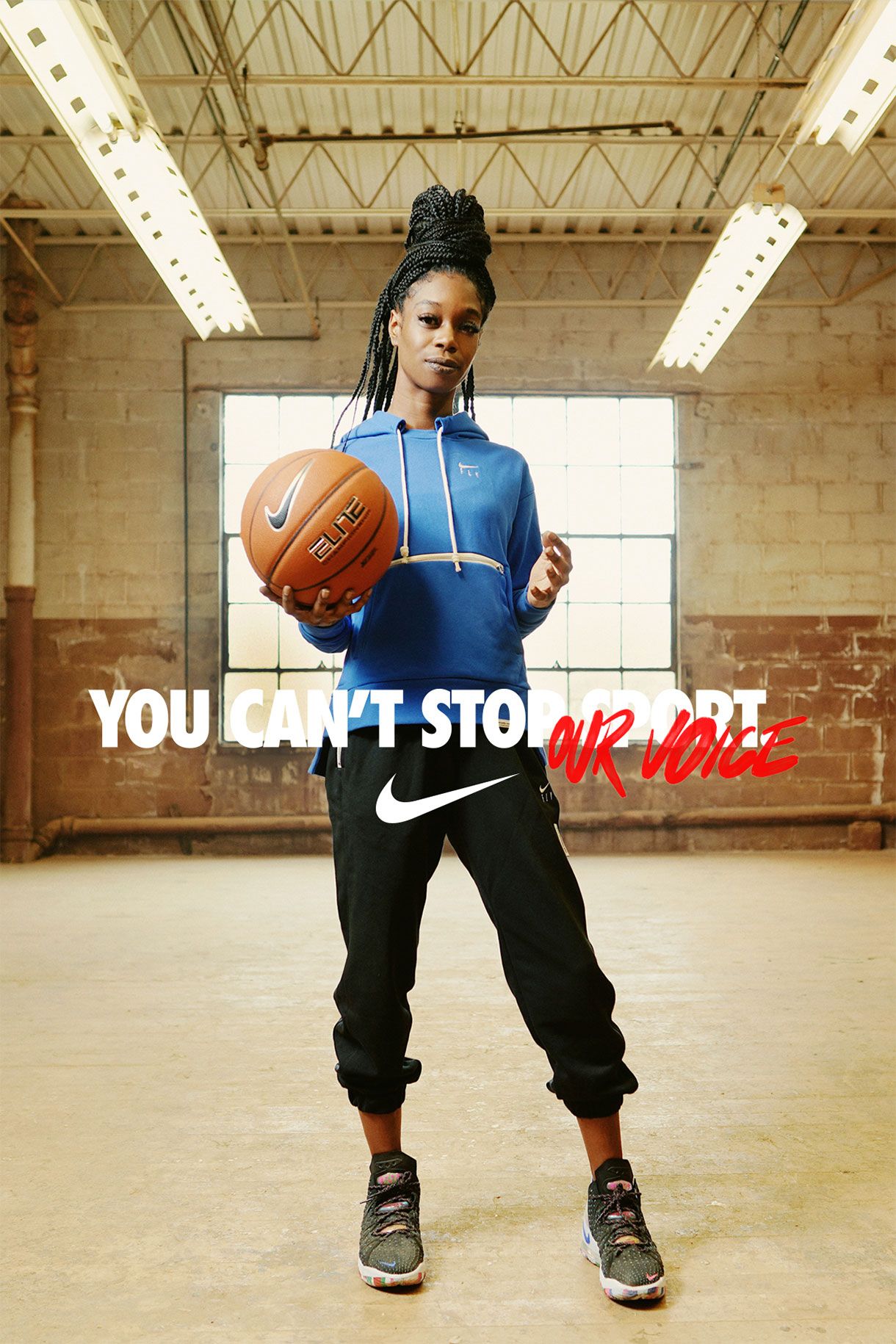 Tamara holding basketball You Can't Stop Sport / Our Voice. Nike Swoosh