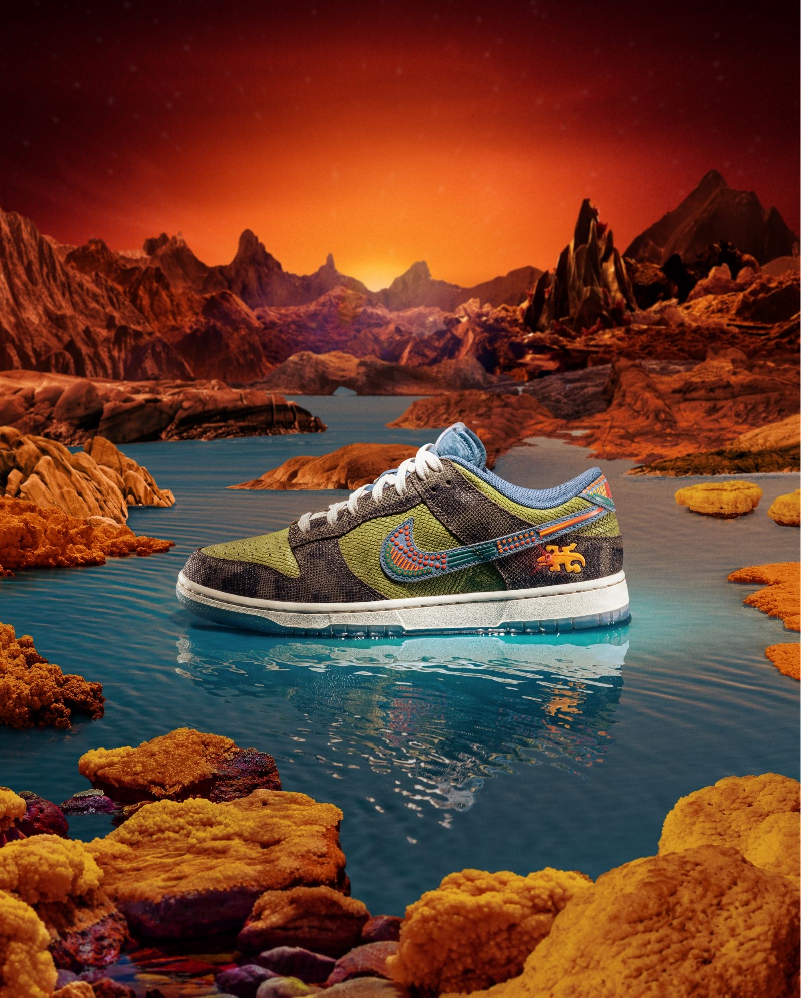 Día de muertos Nike Dunk sneaker in 3d illustrated desert environment shoe is in pool of water.