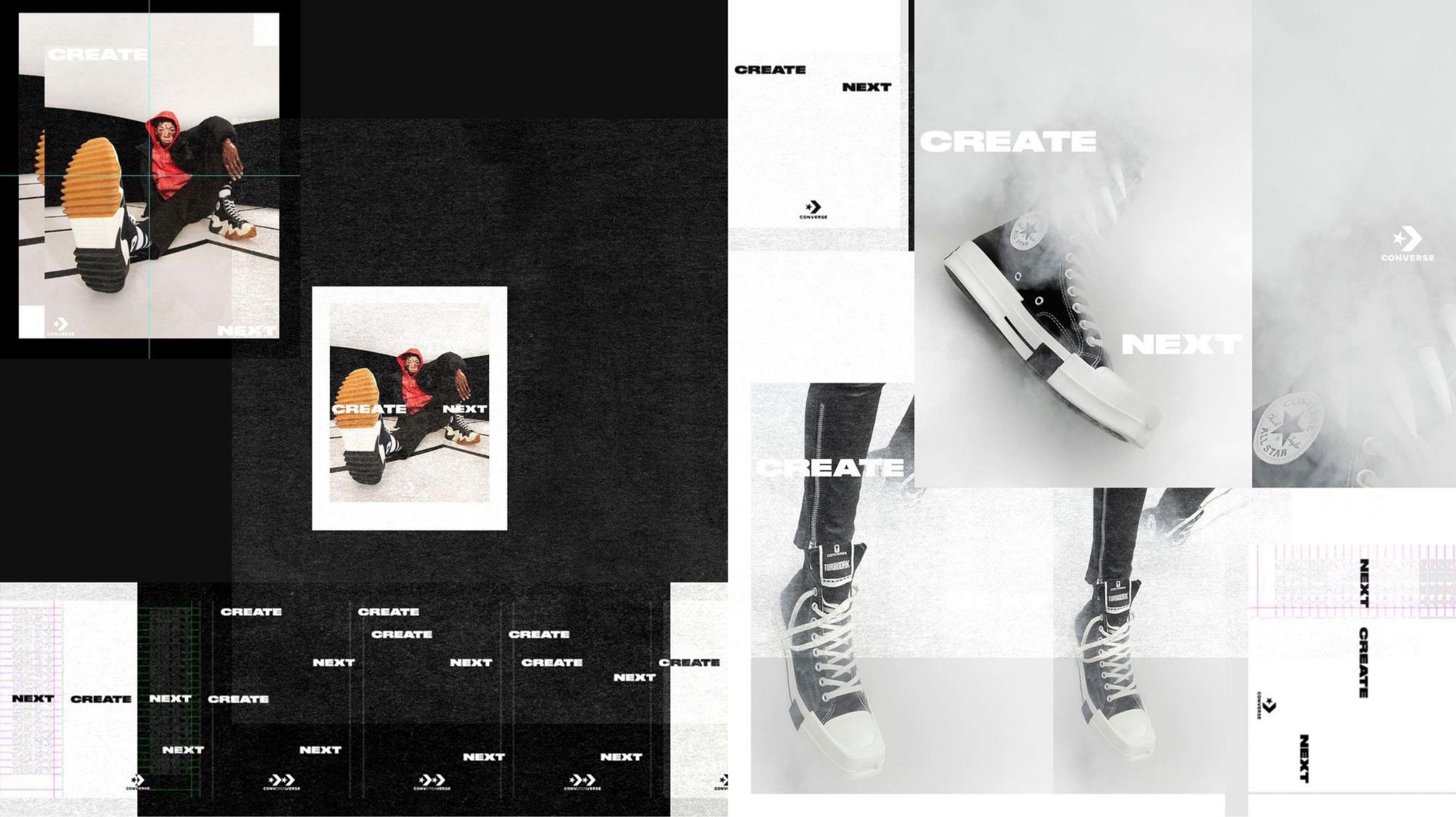 Collage of Man sitting on floor with sole of Converse All Star shoe toward camera, A black canvas Converse all Star shoe untied behind smoke and the words Create Next repeated