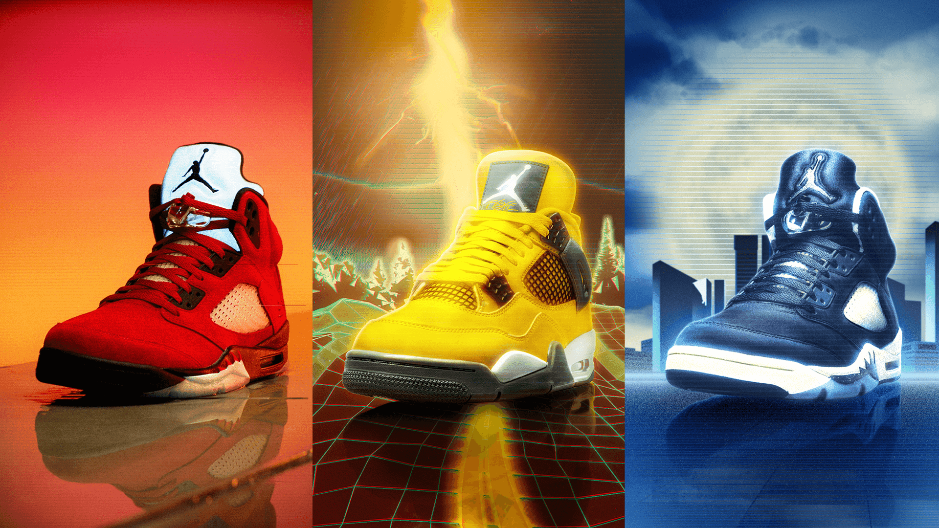The Toro Bravo Jordan 5, Tour Yellow / Lightning Jordan 4, and Moonlight Jordan 5 sneakers rendered side by side