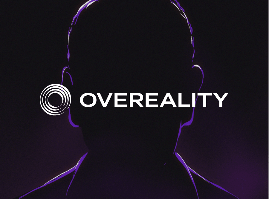 Overeality logo over purple backlit silhouette of Morgan Freeman