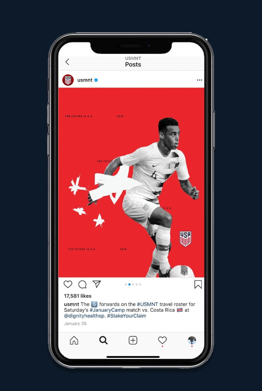 instagram post shown on phone from @usmnt shows us soccer player against red background. The Future is U.S. 2018