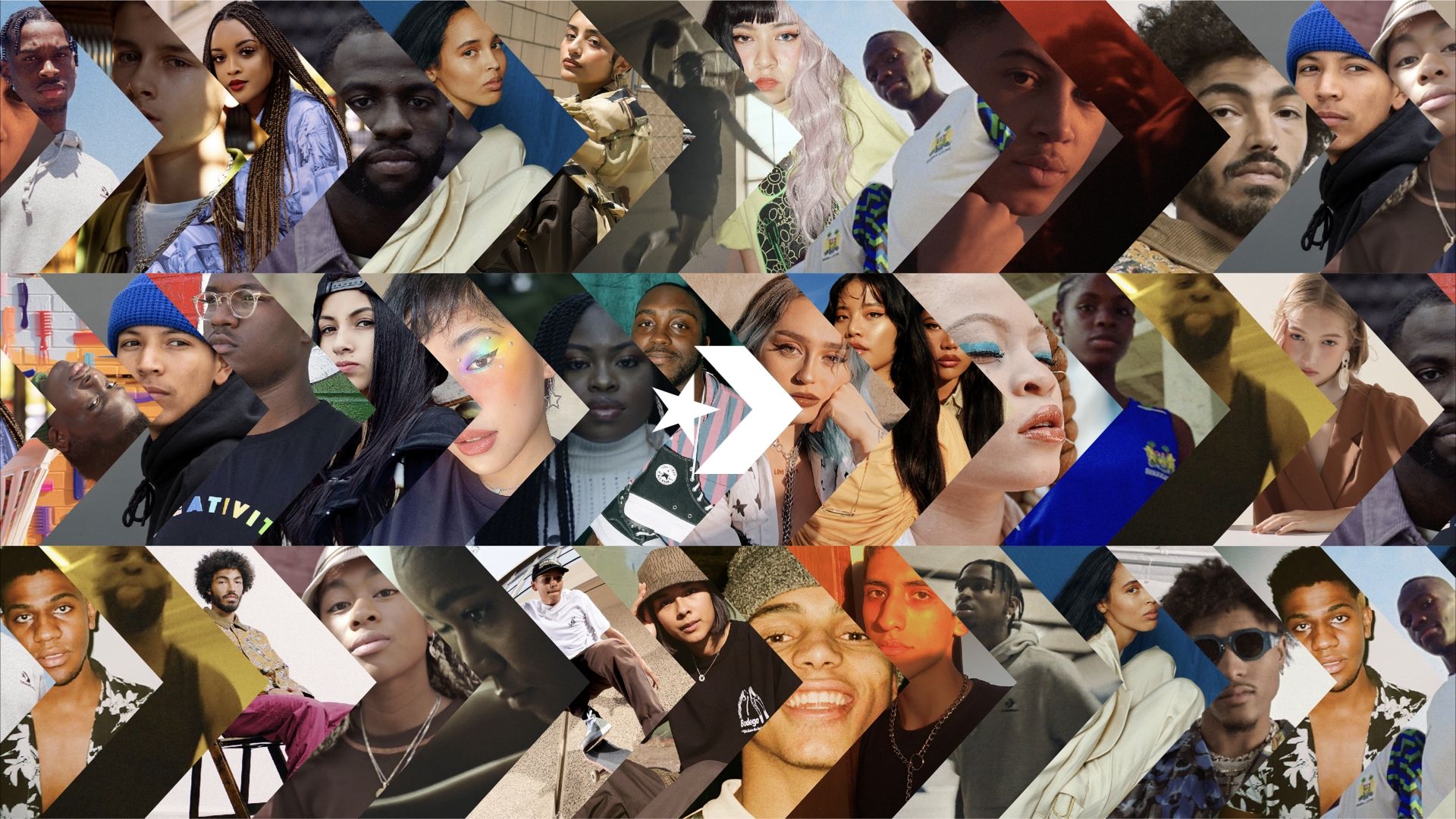 Poster of many people posing for All Star spots each cropped in chevron shape of converse logo