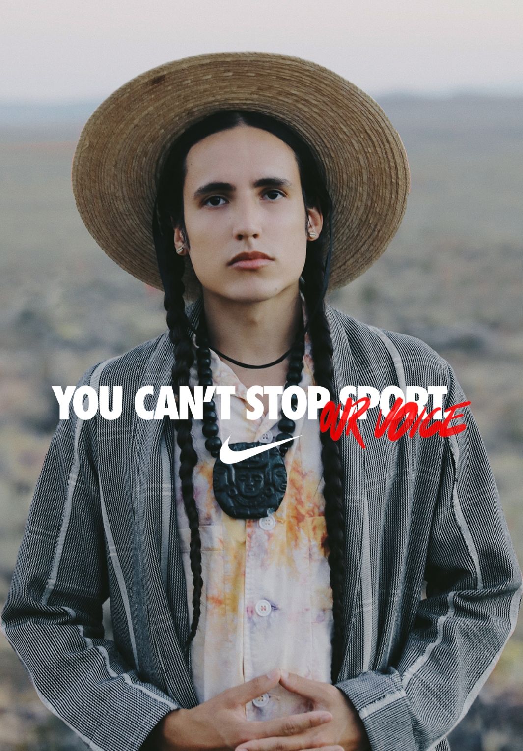 Xiuhtezcatl-Martinez in desert close up. You can't stop our sport / our voice. nike swoosh