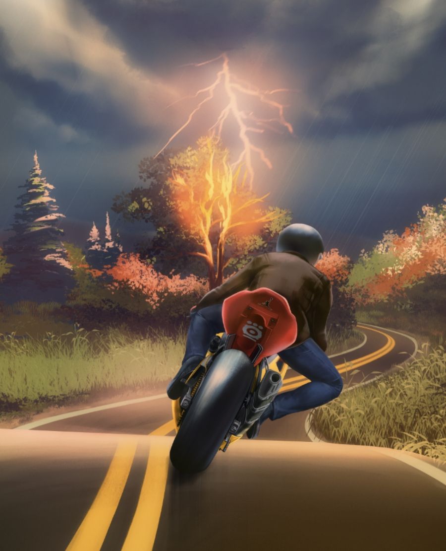 rendered image of rear of motorcycle and rider headed towards a tree being struck by lightning