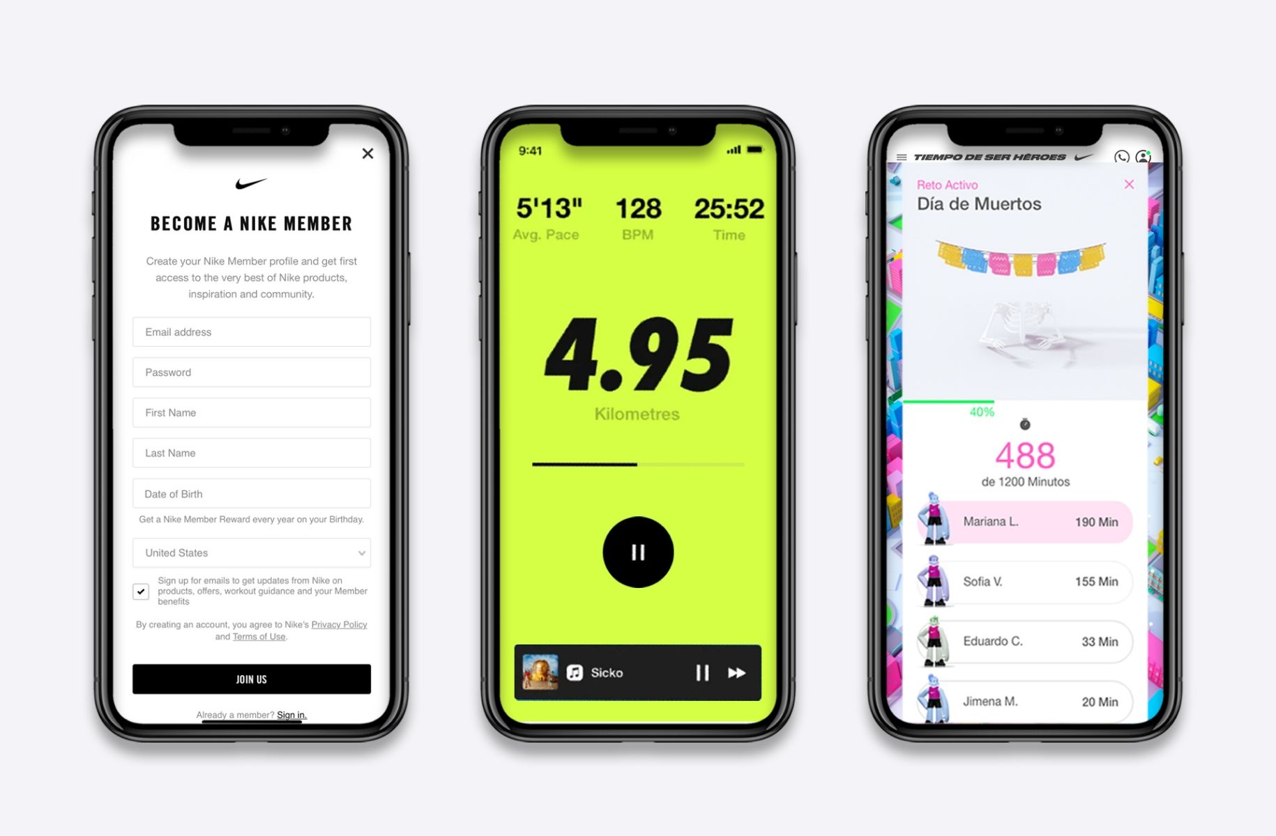 Three phone screens. First showing become a nike member sign up page. Second showing Nike running app. Third showing Tiempo der ser heroes scoreboard