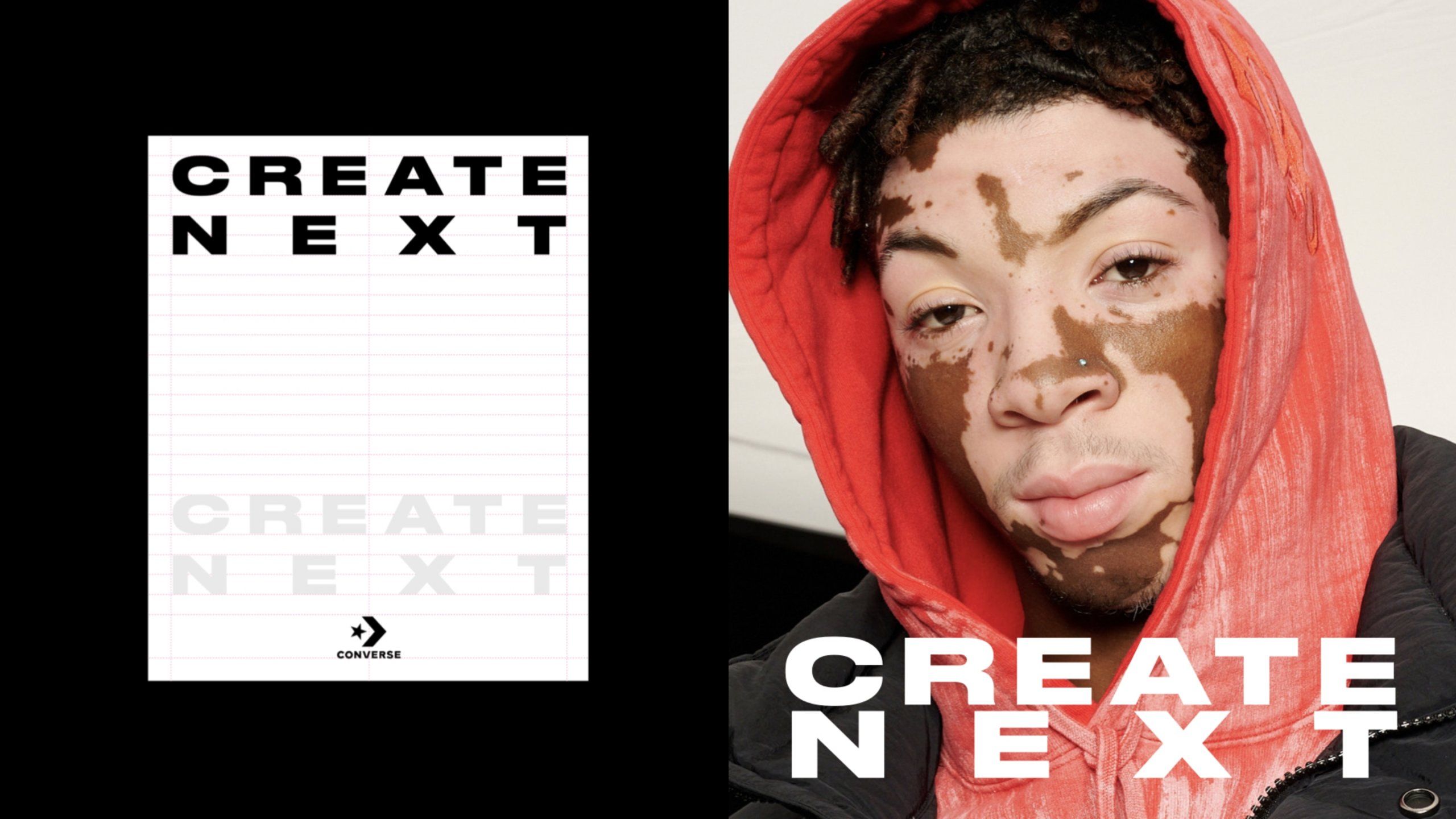 Create Next grid design next to person in red hoodie with text Create Next
