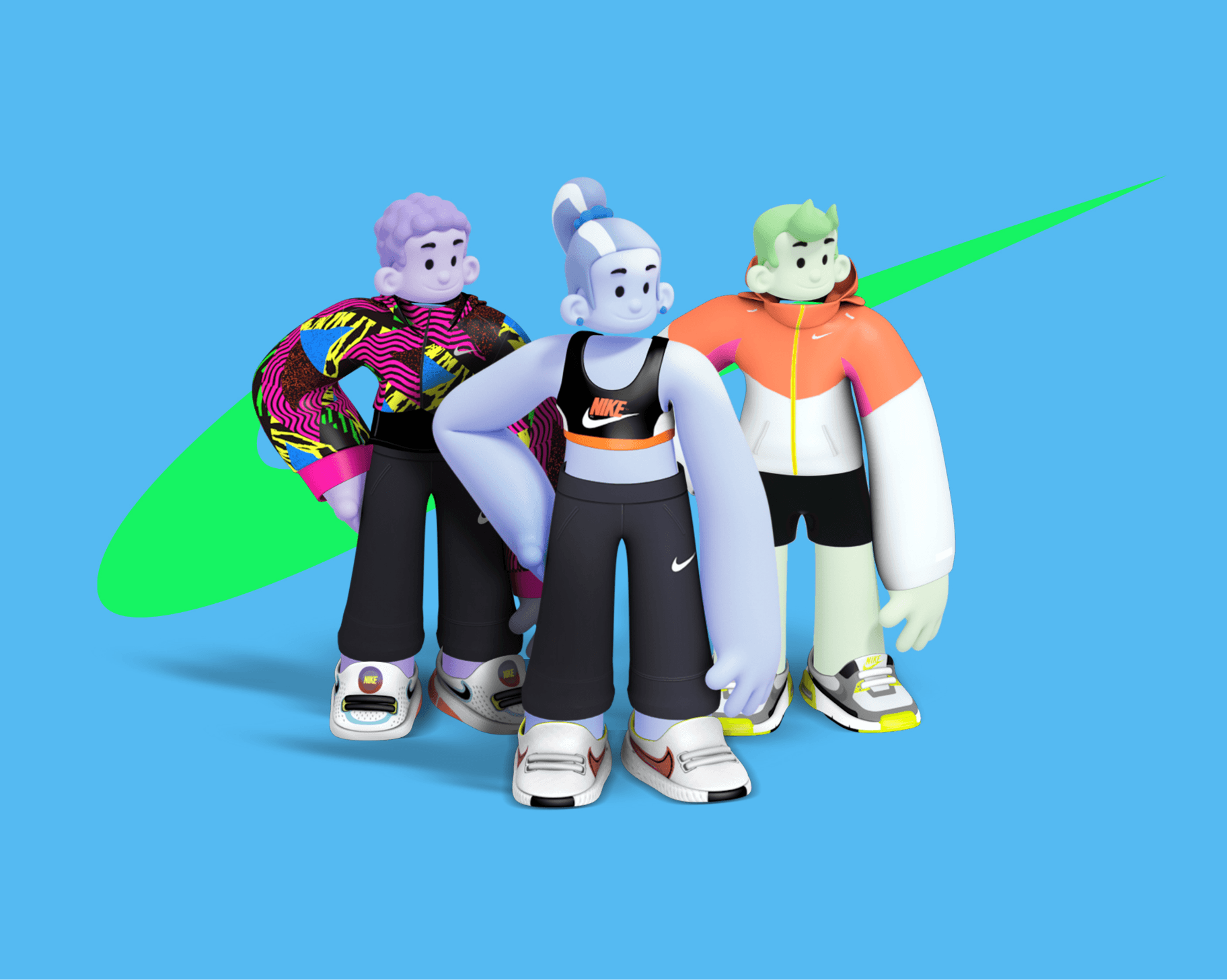 Three avatars in Nike clothing and shoes in front of a background Nike swoosh