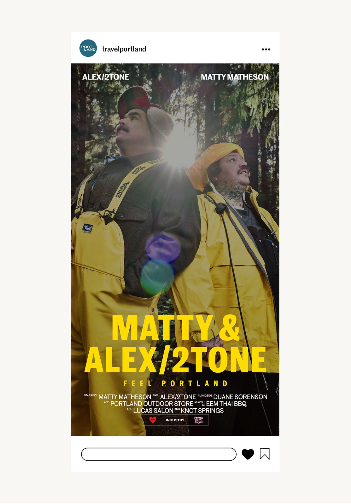Matty & Ales/2Tone feel portland movie poster social media post. Matty and Alex in raincoats in forest with movie poster text overlayed