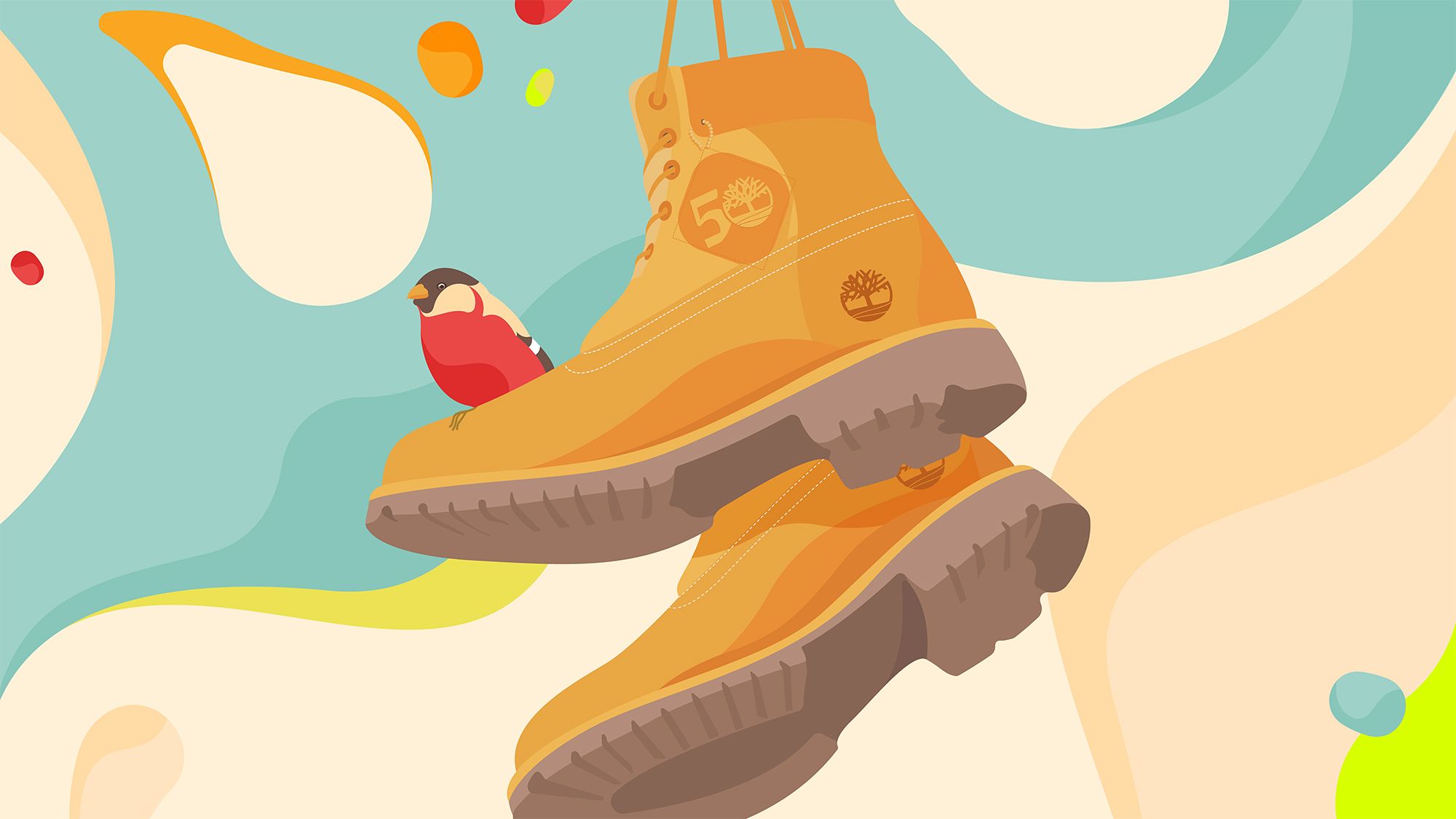 Illustration of dark cheddar colorway of Timberland boots with 50th anniversary logo on them