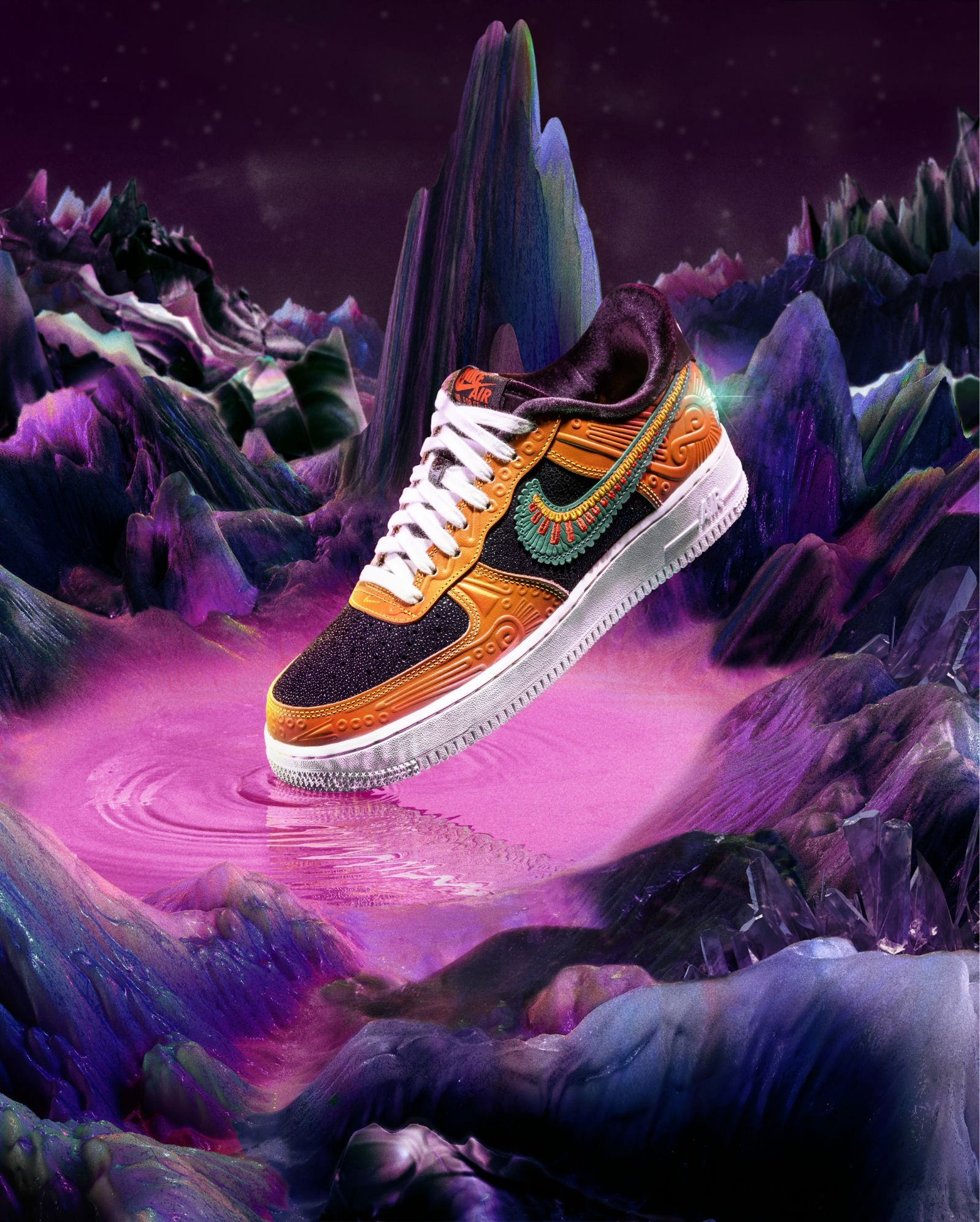 nike Día de muertos sneaker in 3d illustrated purple stalagmite environment. Toe of shoe dipping into pink liquid