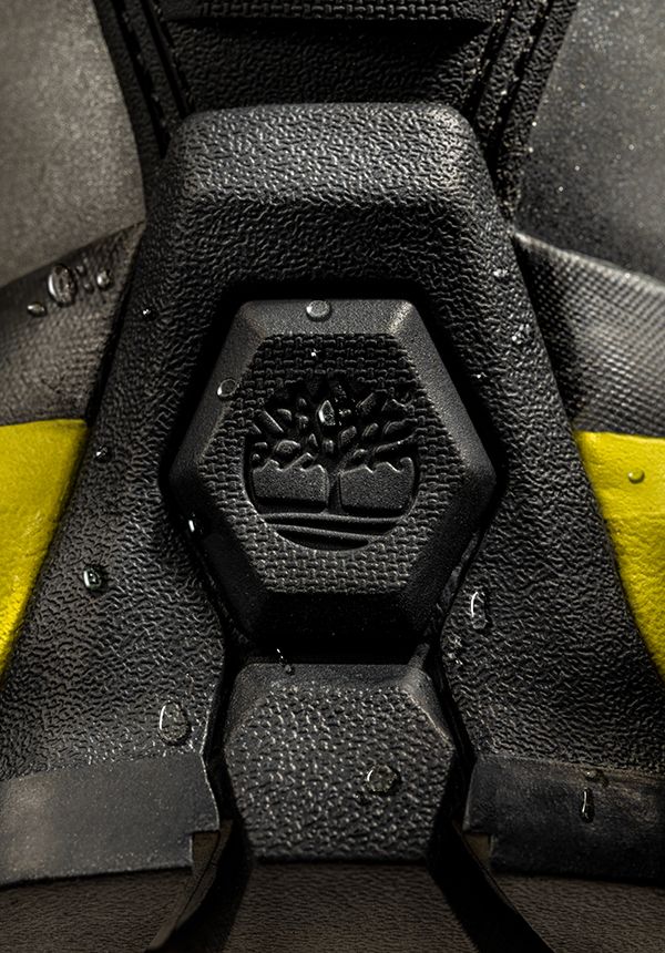 Timberland logo on boot with water droplets