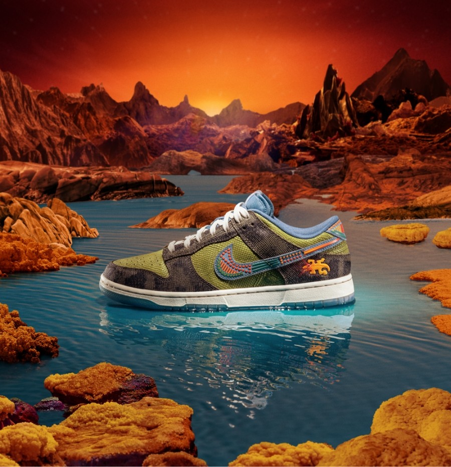 Nike lo top Día de muertos Siempre Familia edition shoe in 3d rendered water and desert landscape at sunset