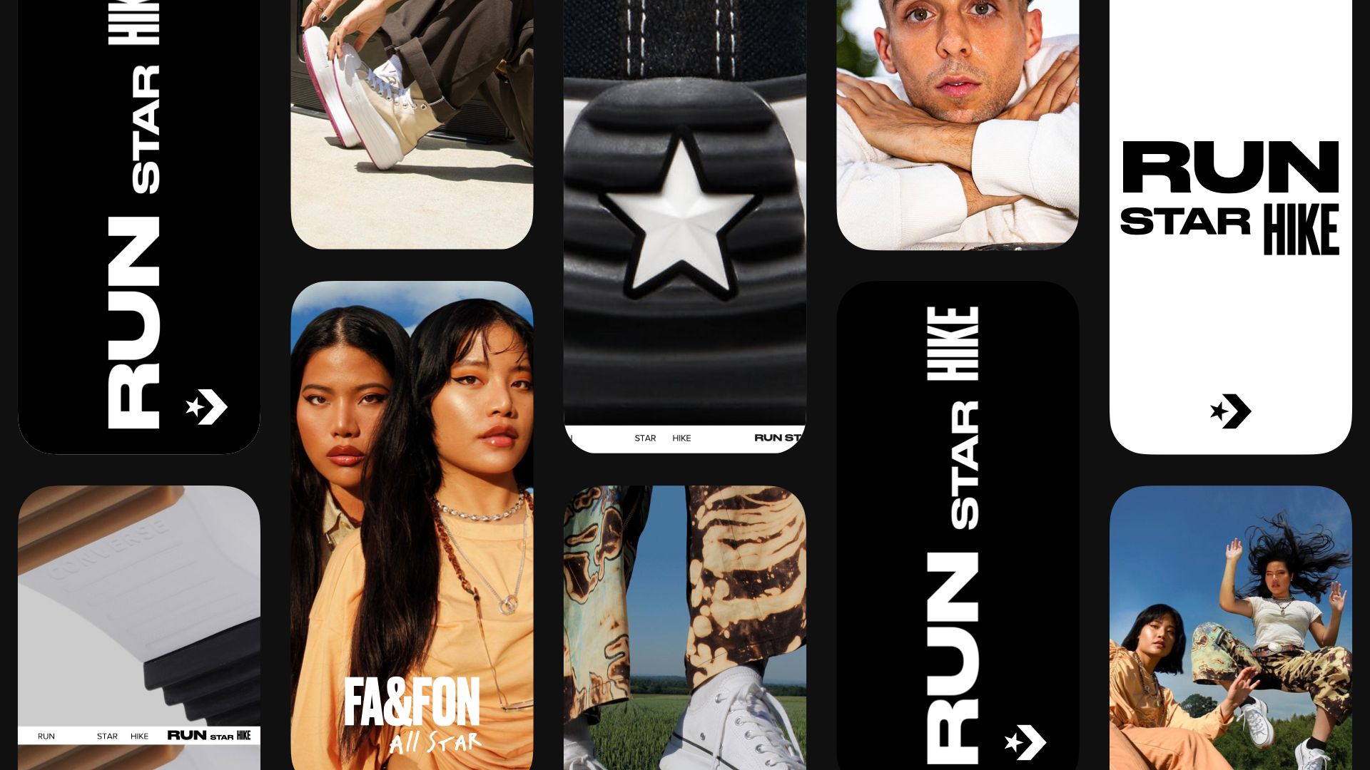 Collage of Converse all Star VC. Run Star Hike. FA&FON All Star