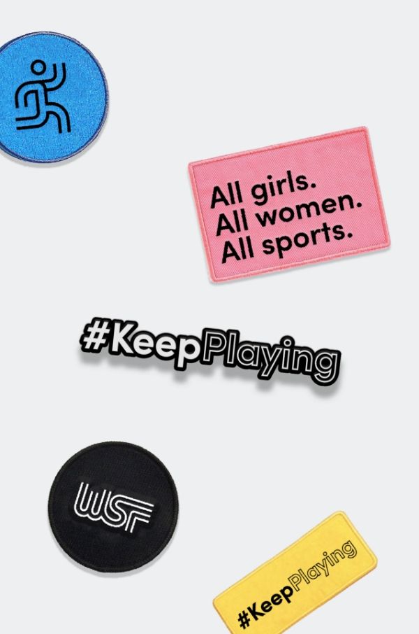 5 patches and pins. Runner Icon, All girls. All women. All Sports. #KeepPlaying, WSF logo