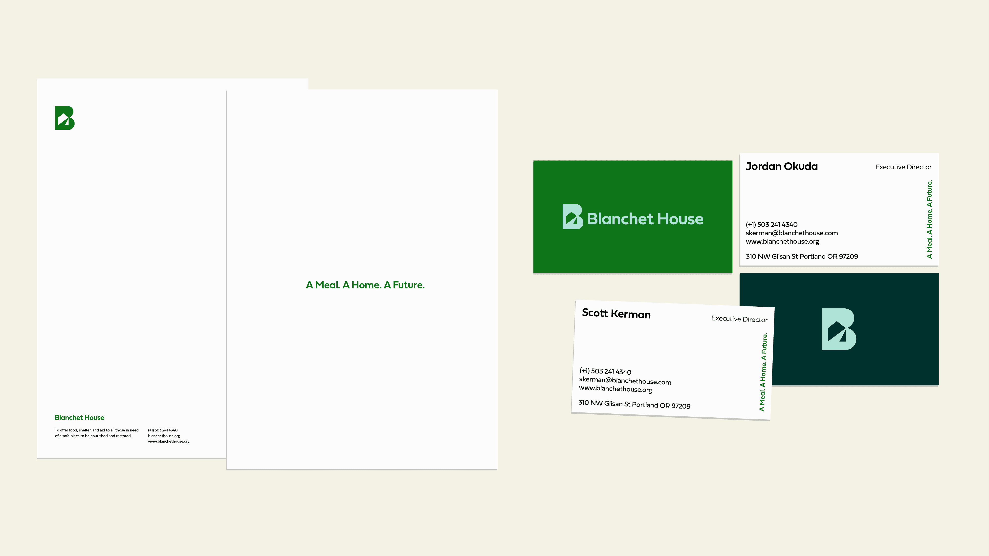 Blanchet House Letterhead, and business card layouts
