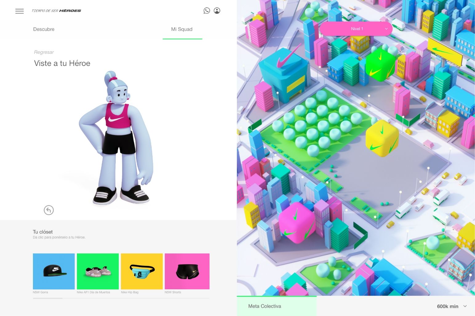 Tiempo de ser heroes app user interface showing avatar, closet, and landscape