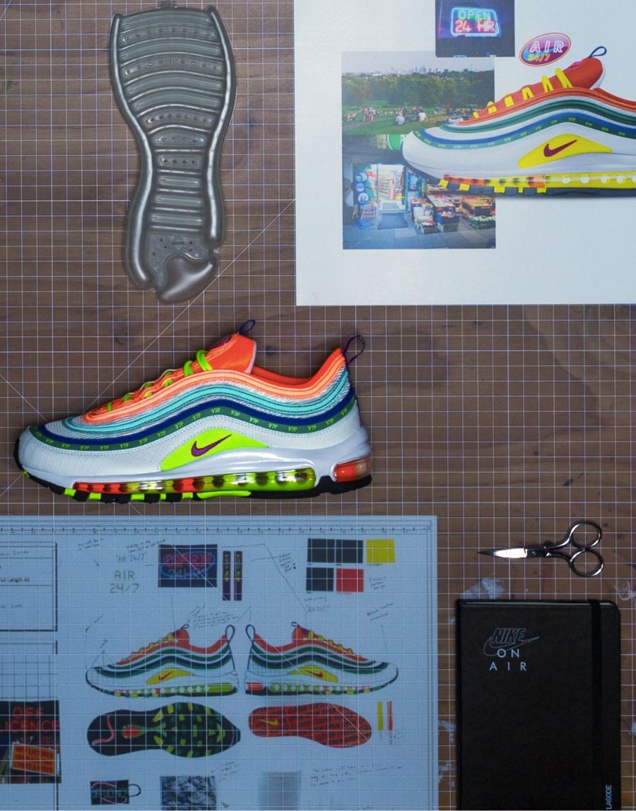 Air Max 97 London summer of love design sketches and final product on table