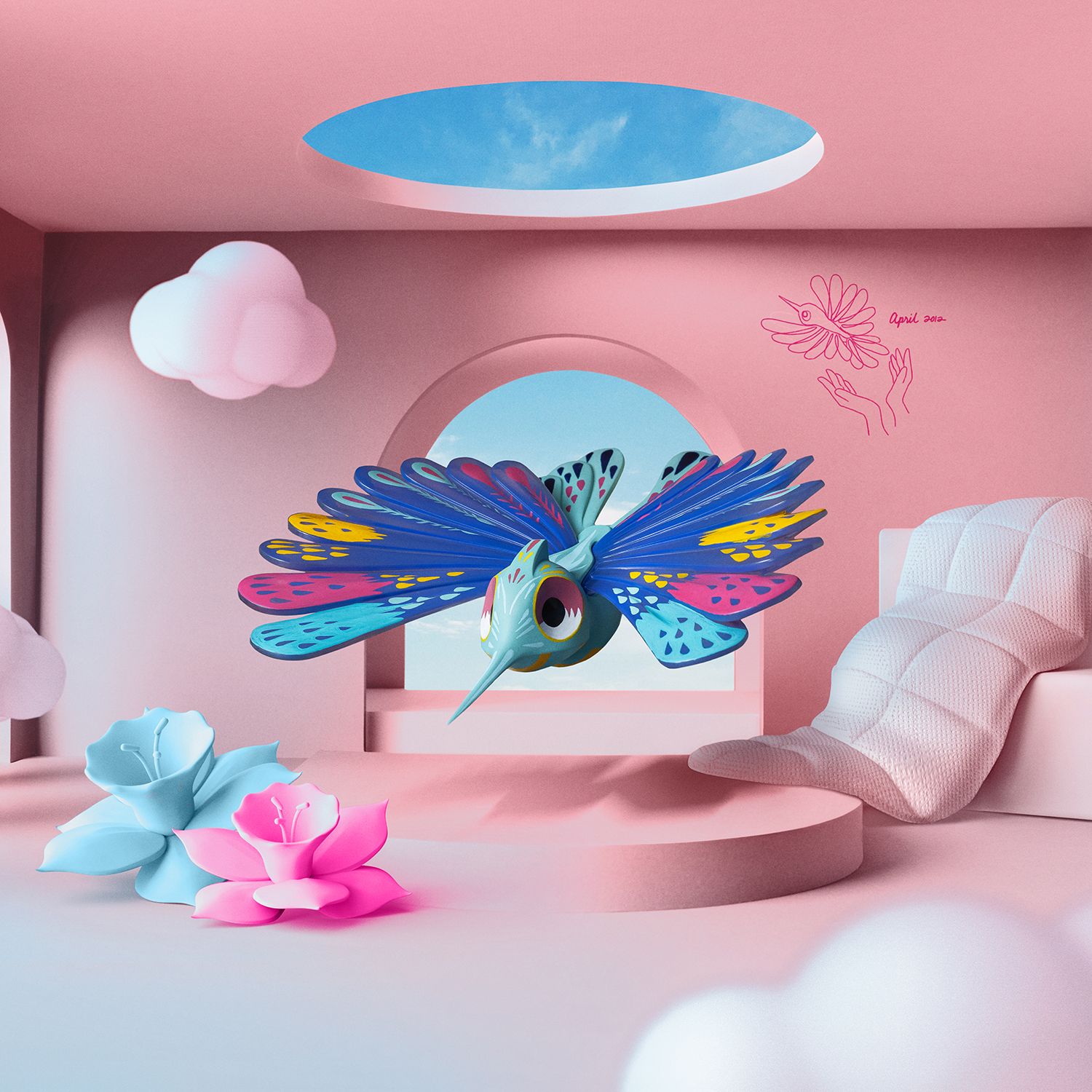 Mira hummingbird animo in a 3d pink environment with flowers and cloud