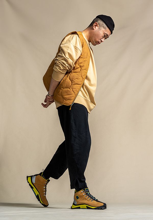 Rickey Kim walking in Timberland Greenstride boots