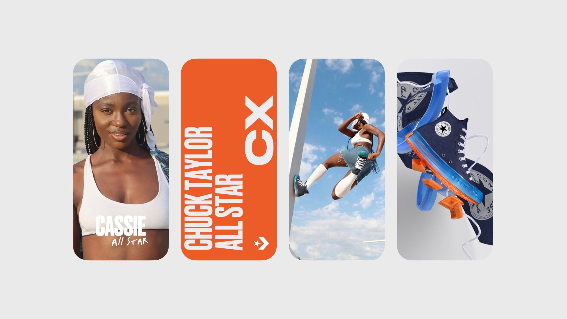 Four social instagram size images. Image of women reads Cassie All Star. Second orange background with white block letters reading Chuck Taylor All Star CX. Second is Cassie jumping off pole. Fourth is rendering of Converse All Star sneaker