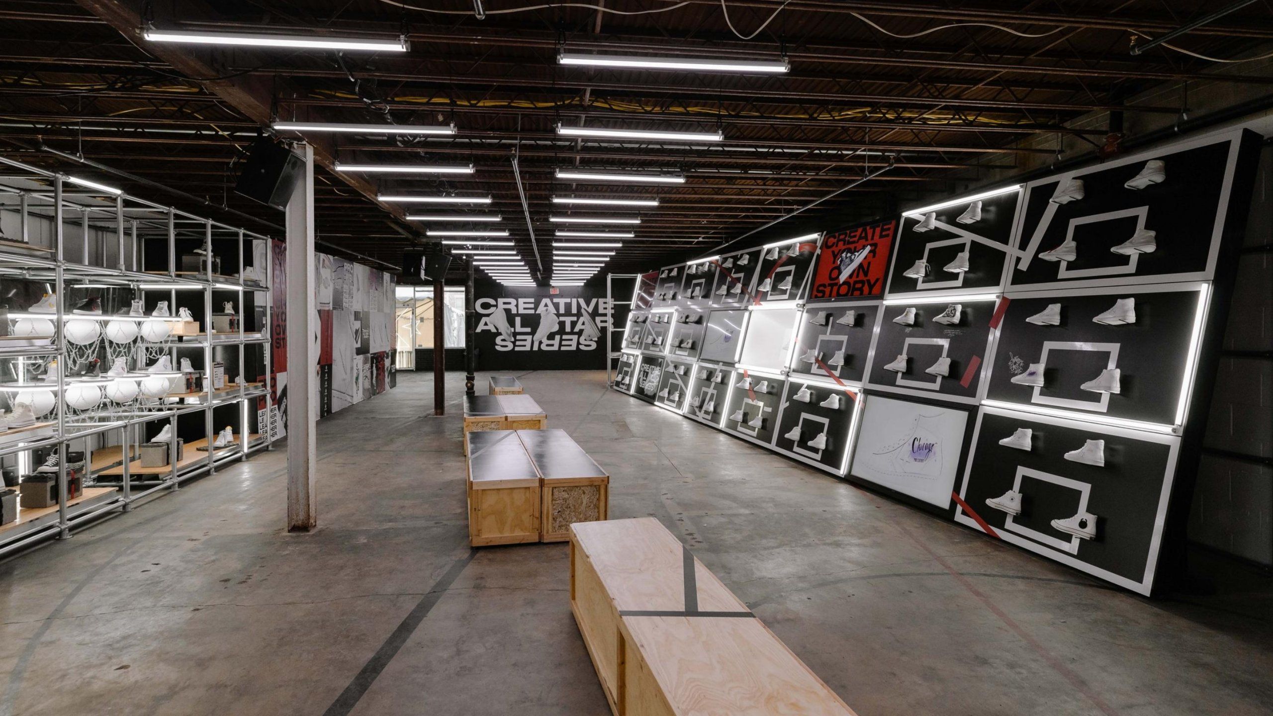 Creative All Star series warehouse room with shoe displays and basketball sculptures