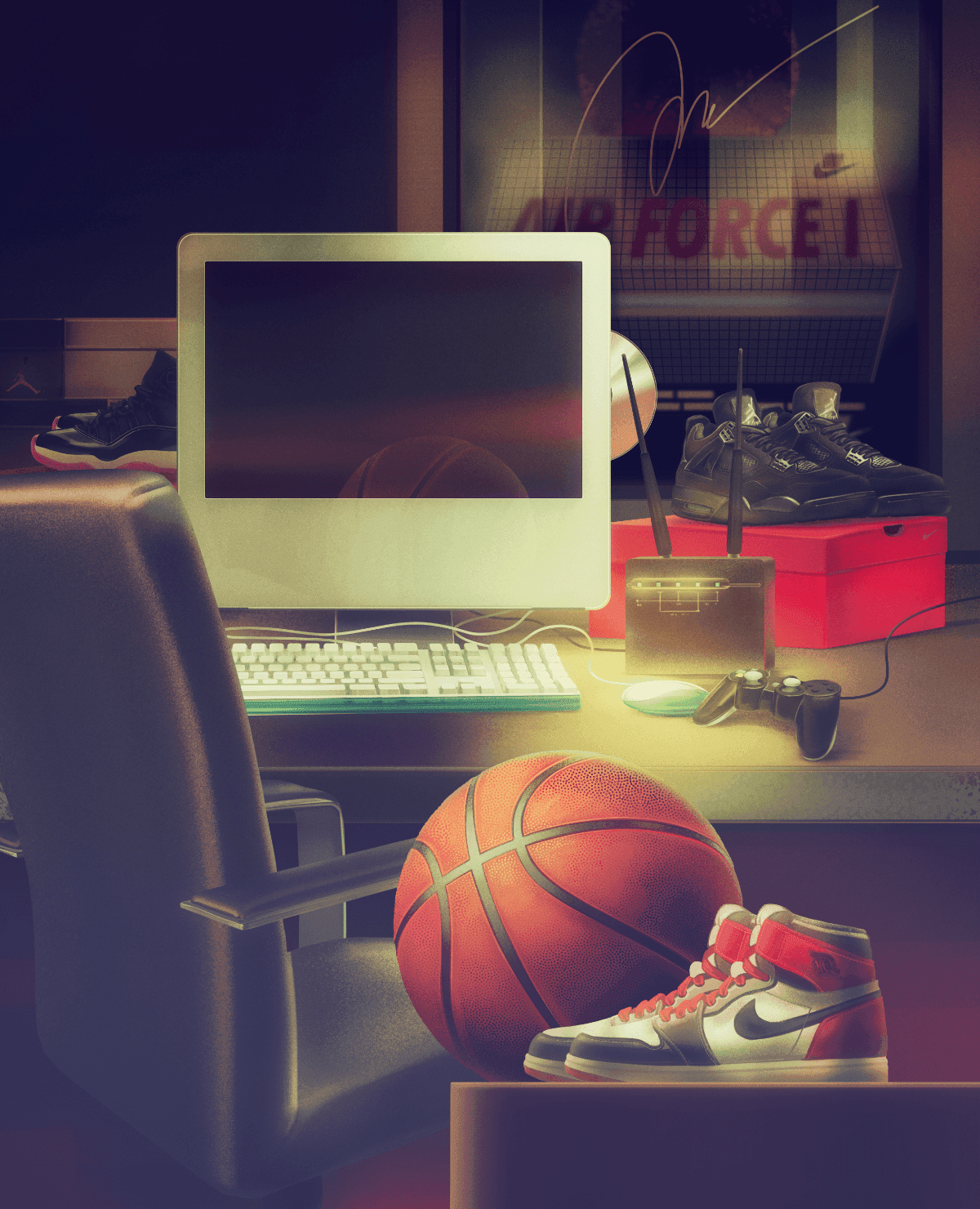 rendered office scene with computer, chair, basketball and Jordan 1 sneakers