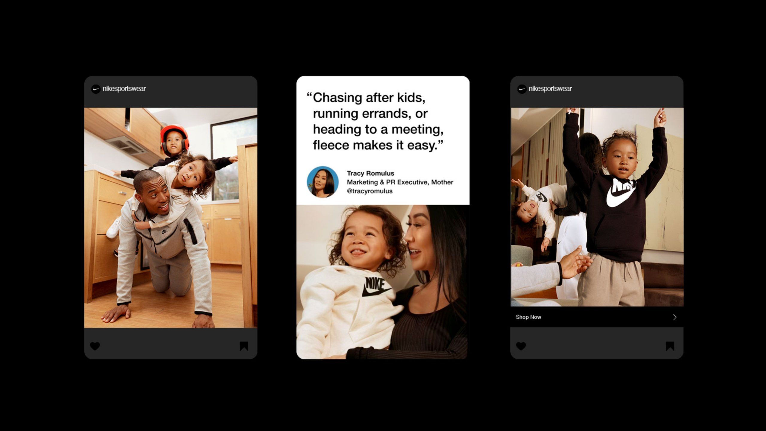 Three instagram posts by @nikesportswear featuring Tracy Romulus, Marketing & PR Executive, at home with her family. All wearing Nike Fleece clothing.