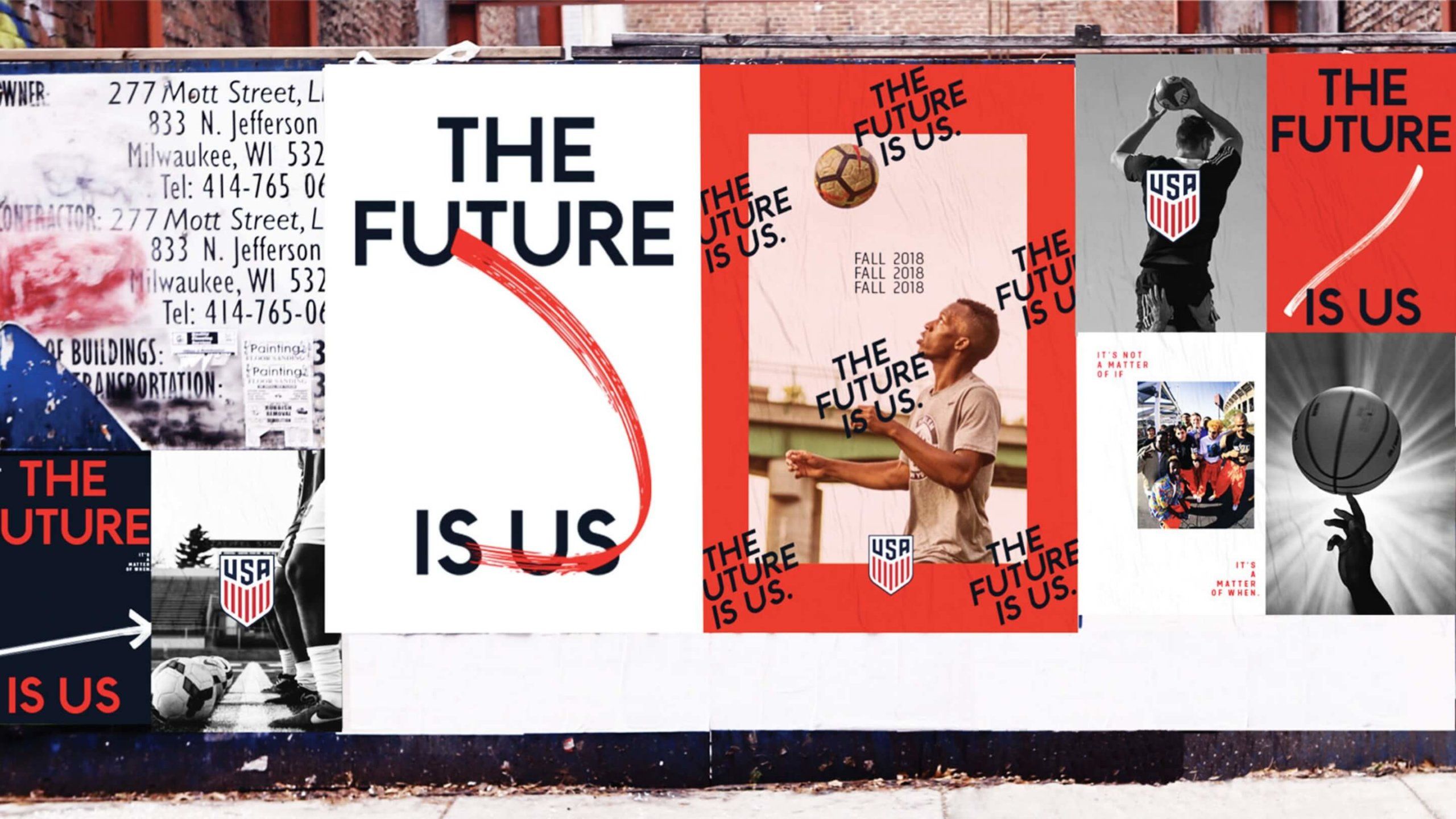 Billboard signage shows The Future is US campaign Fall 2018 Soccer and Basketball