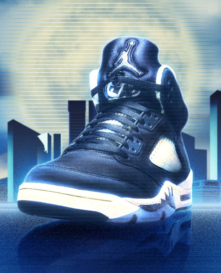 Jordan 5 midnight sneaker with rendering of city at night in background