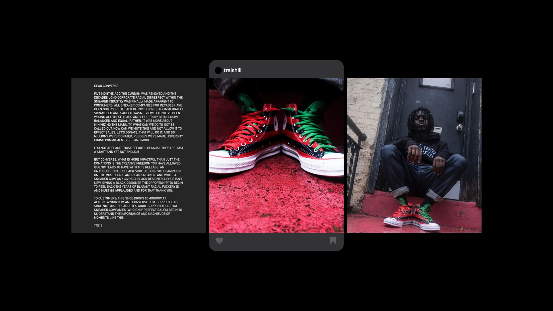 Treis Hill letter to converse, Treise Hill in striped Allstars with red and green laces sitting in stairway