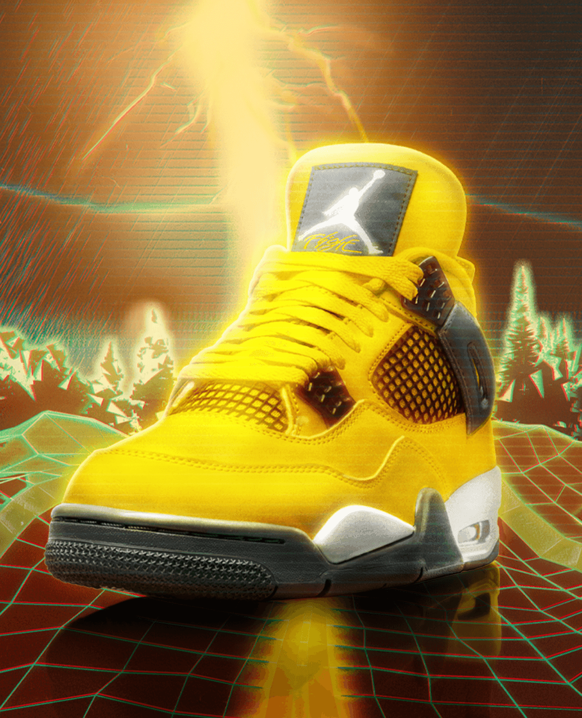 Yellow Jordan 4 Sneakers with rendered lightning background