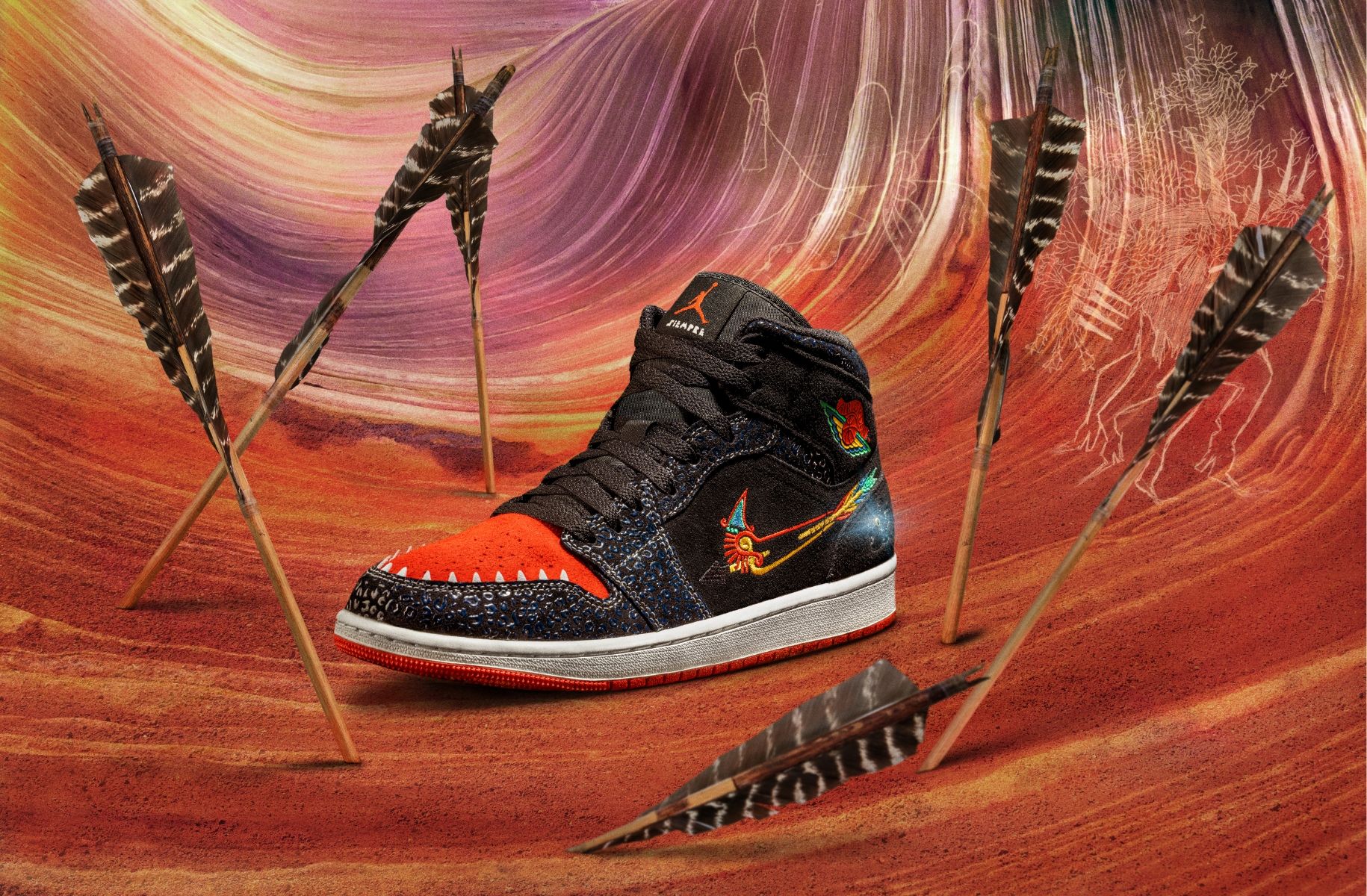 Nike Día de muertos sneaker against illustrated background an arrows embedded into ground