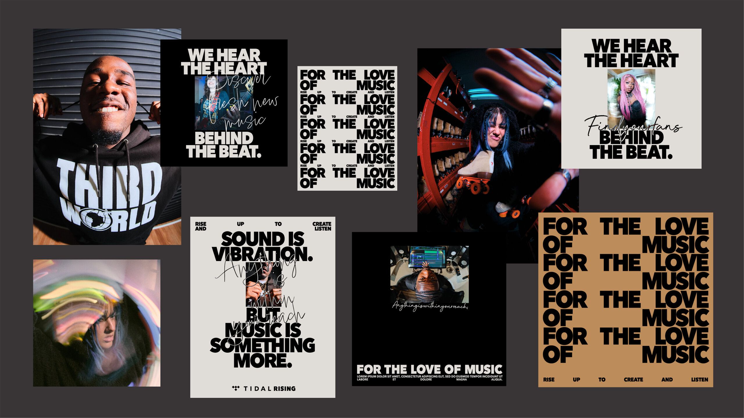 Collage of artist photos and promo tag lines including: We hear heart behind the beat. For the love of music. Rise up to create and listen. Sound is vibration but music is something more.