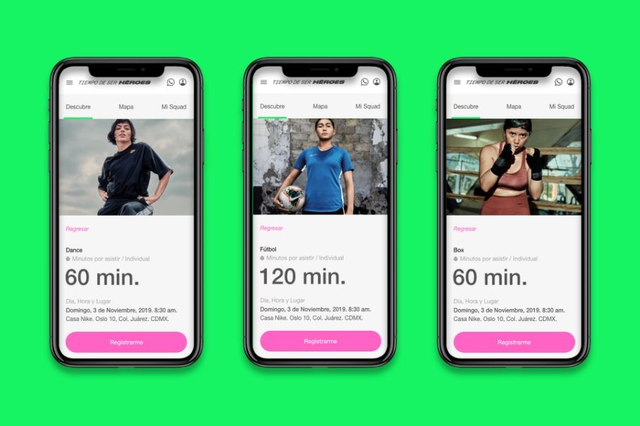 3 phones showing Tiempo de ser heroes app screens. One showing Dance 60 min. Second showing Futbol 120 min. 3rd showing Box 60 min.