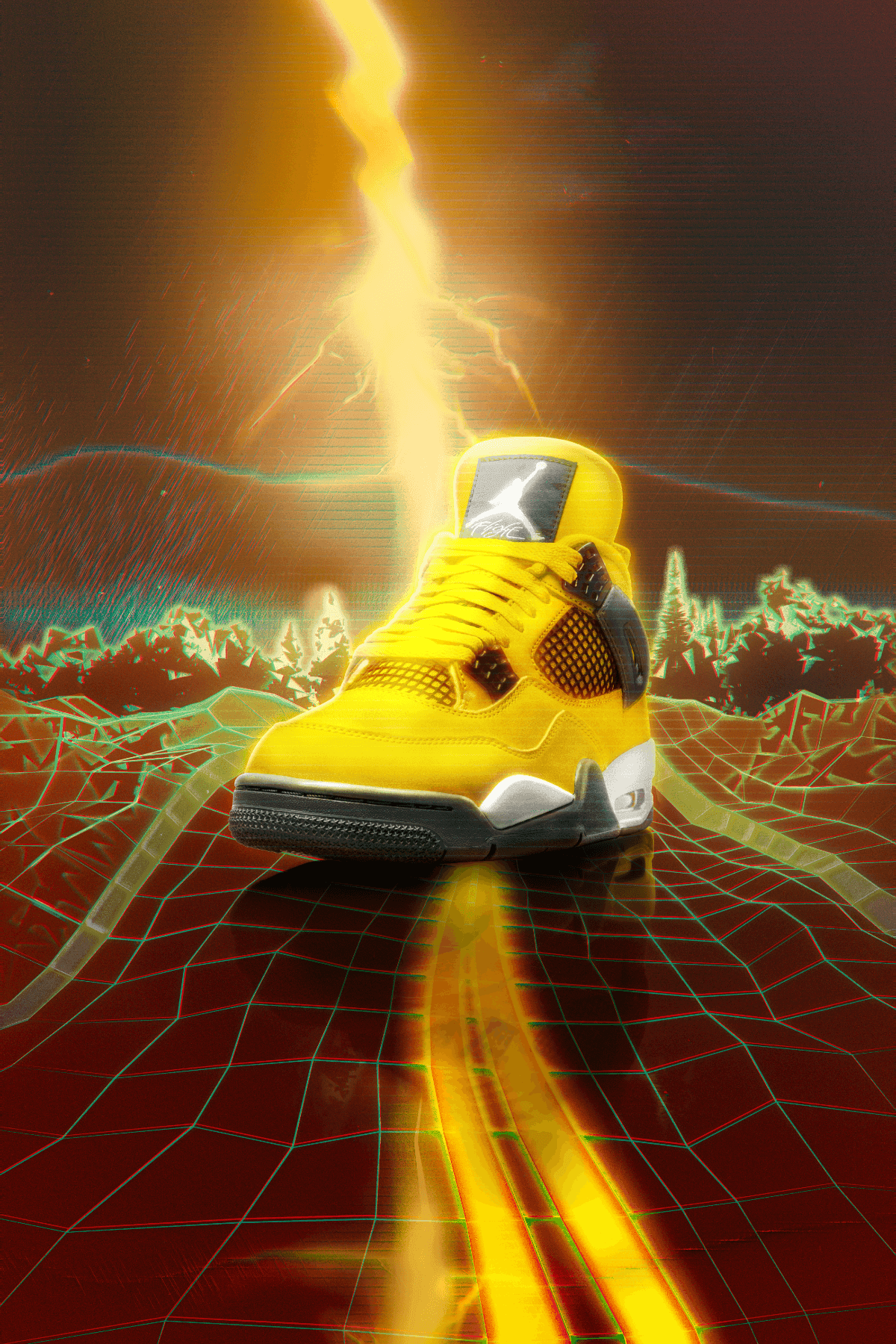 Yellow Jordan 4 rendered on computer graphic road with lightning in background