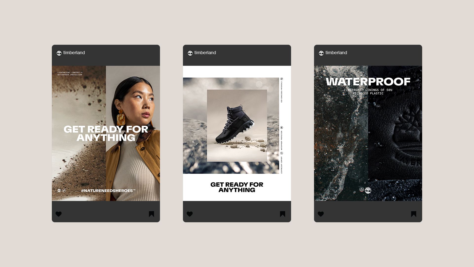 Three @timberland social media posts featuring Sophia Li and Timberland Edge Greenstride boot. Get ready for anything #natureneedsheroes