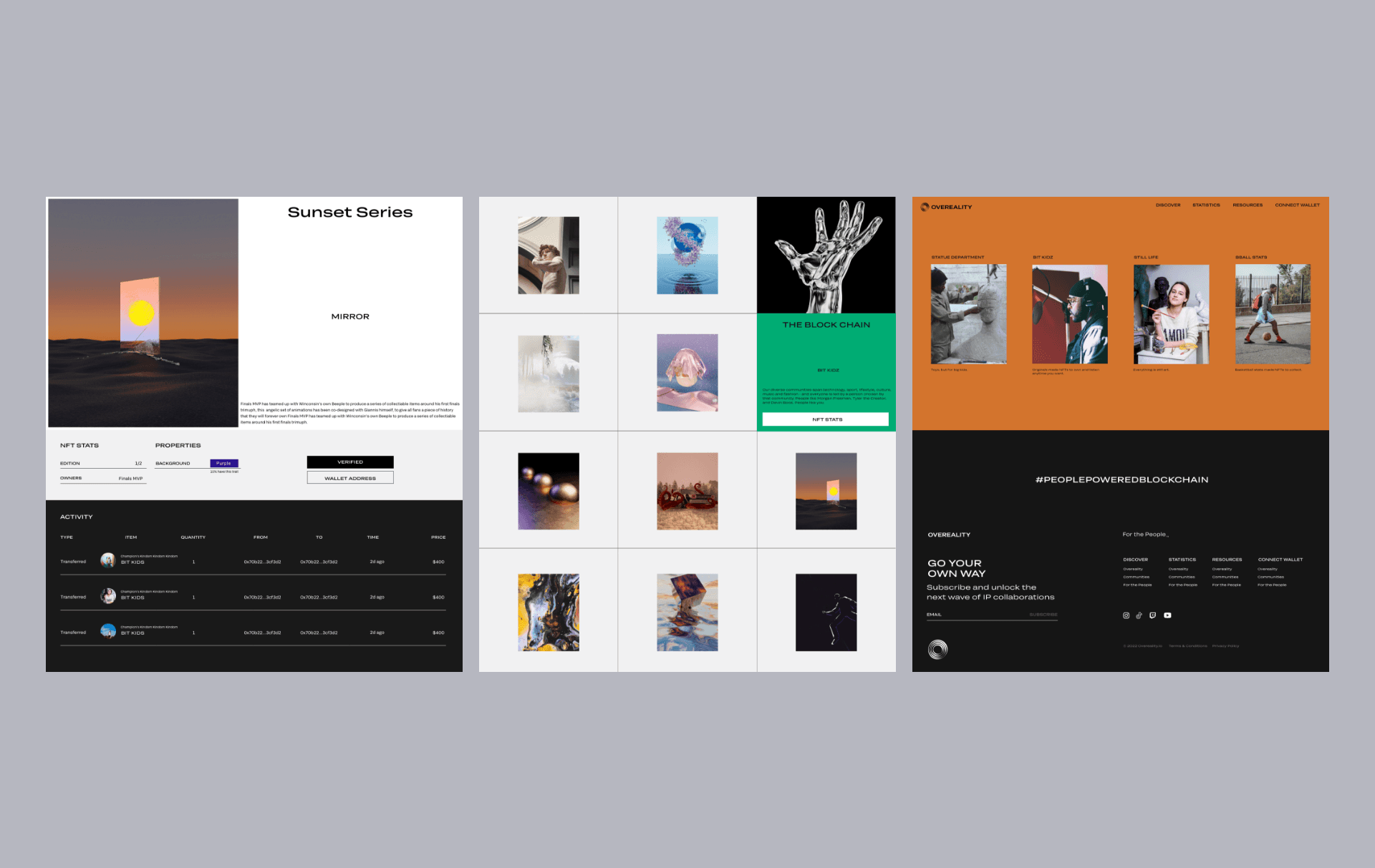 3 screens of desktop overeality website design. 1 showing NFT product page, 2 showing gallery view and 3 showing page footer #Peoplepoweredblockchain