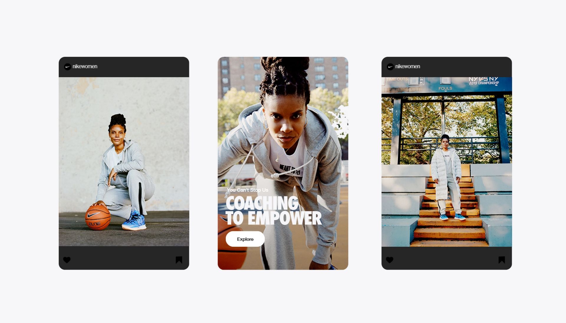 Social posts from @nikewomen featuring Chiene Joy Jones posing with basketball and on stadium stairs wearing gray nike training clothing. You can't stop us. Coaching to Empower