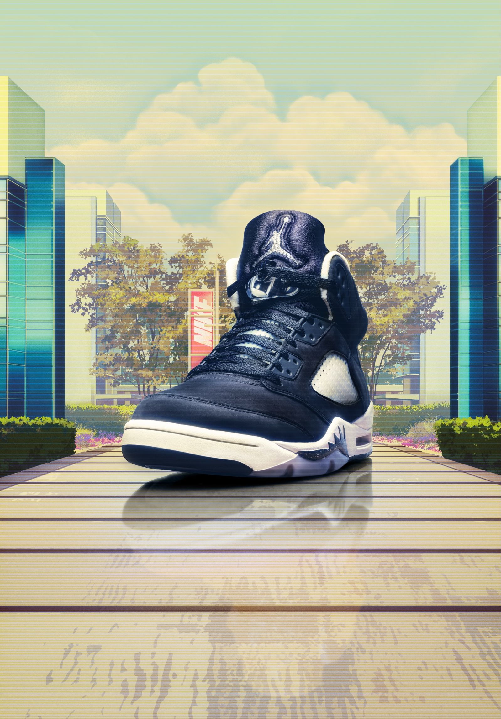 Jordan 5 moonlight sneaker with nike world headquarter building rendered as background