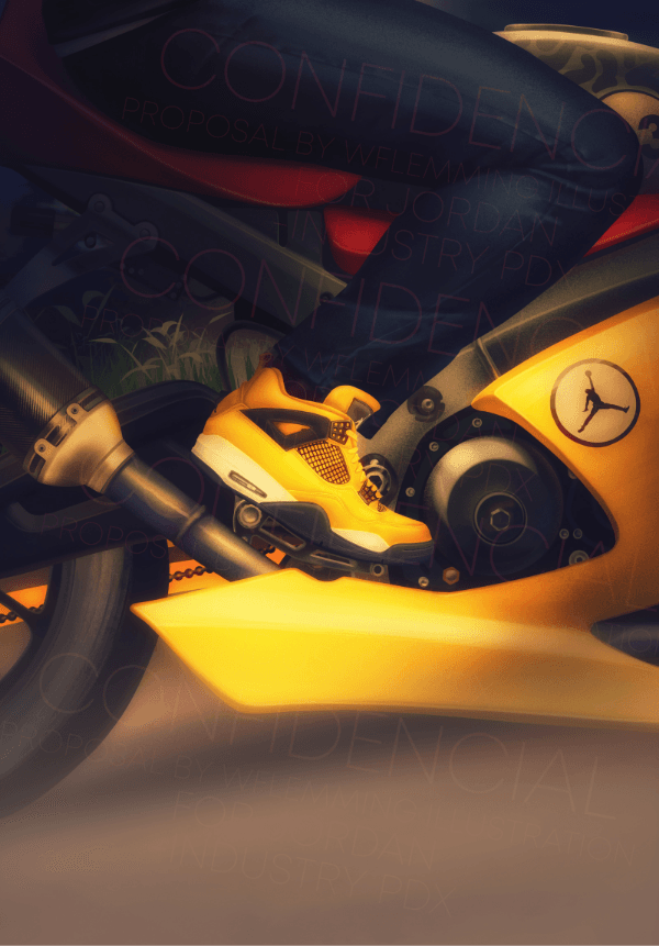close up of side of yellow motorcycle with rider wearing yellow Jordan 4 sneakers