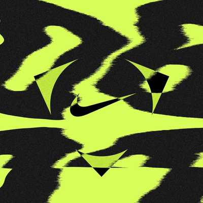Abstract glitch art featuring the black Nike swoosh logo and geometric shapes on a neon yellow background with jagged black patterns.