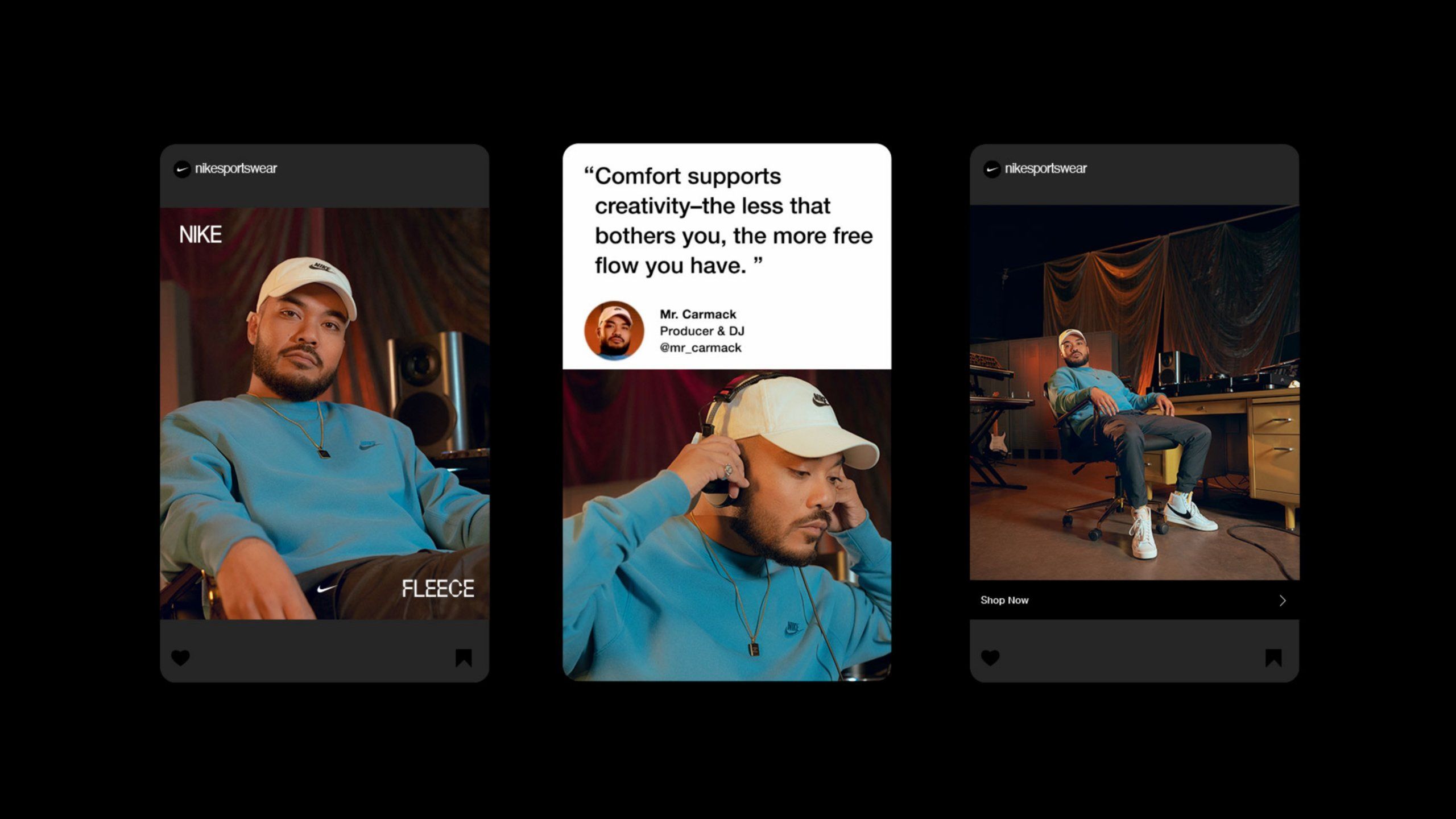 Three instagram posts from @nikesportswear featuring Mr. Carmack, Produce & DJ, wearing blue Nike Fleece sweatshirt in studio. "Comfort supports creativity- the less that bothers you, the more free flow you have"