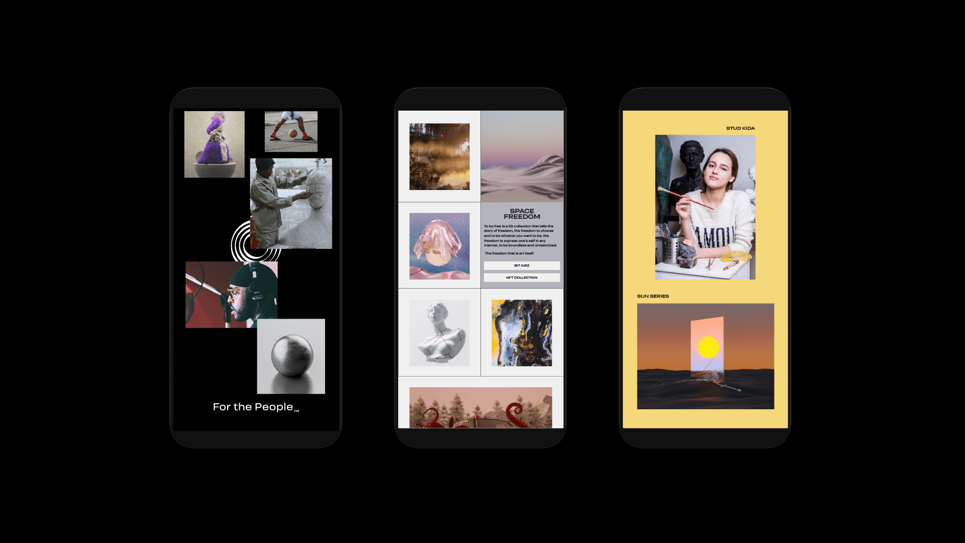 3 mobile screens showing mobile design of overeality website. 1 is collage of artists and nfts with text For the People. 2 is a gallery view of an NFT collection. 3 is a featured artist Stud Kida showing her Sun Series paintings