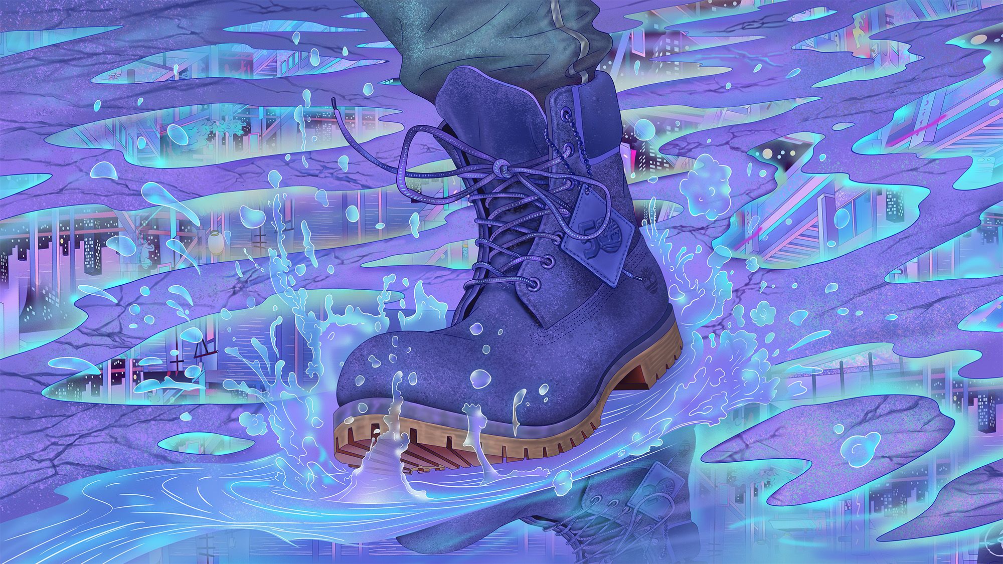 Illustration of Clemantis Blue colorway boot stepping in a puddle