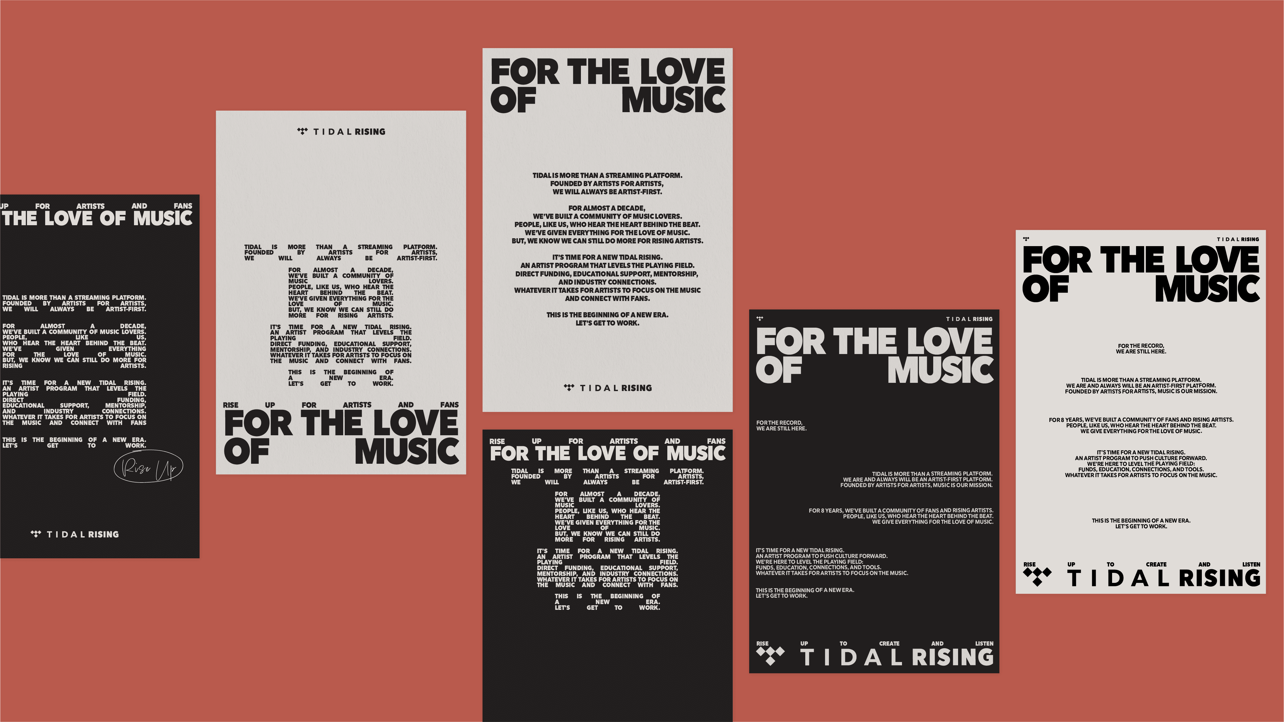 For the love of music. Tidal is more than a streaming platform. Founded by artists for artists, we will always be artist-first. For almost a decade, we've built a community of music lovers. People, like us, who hear the heart behind the beat. We've given everything for the love of music. But, We know we can still do more for rising artists. It's Time for a New Tidal rising. An artist program that levels the playing field. Direct Funding, Educational support, mentorship, and industry connections. Whatever it takes for artists to focus on the music and connect with fans. This is the beginning of a new era. Let's get to work. Tidal Rising