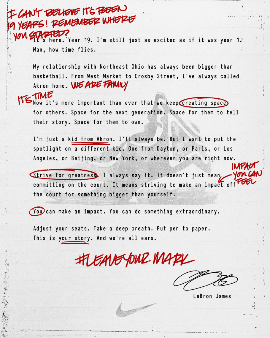 Typed letter written by Lebron to fans with handwritten notes in red.